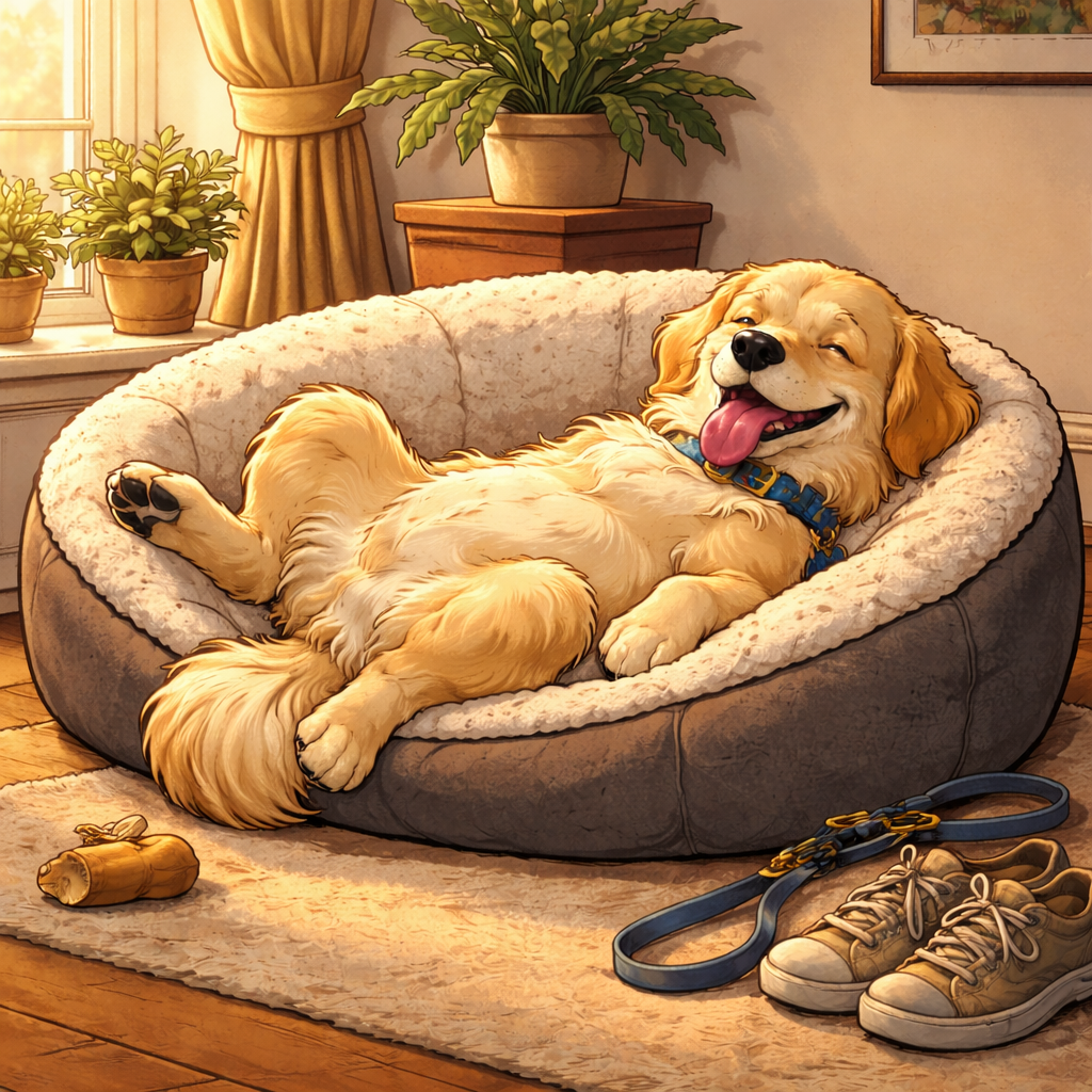 Happy dog resting after a great walk