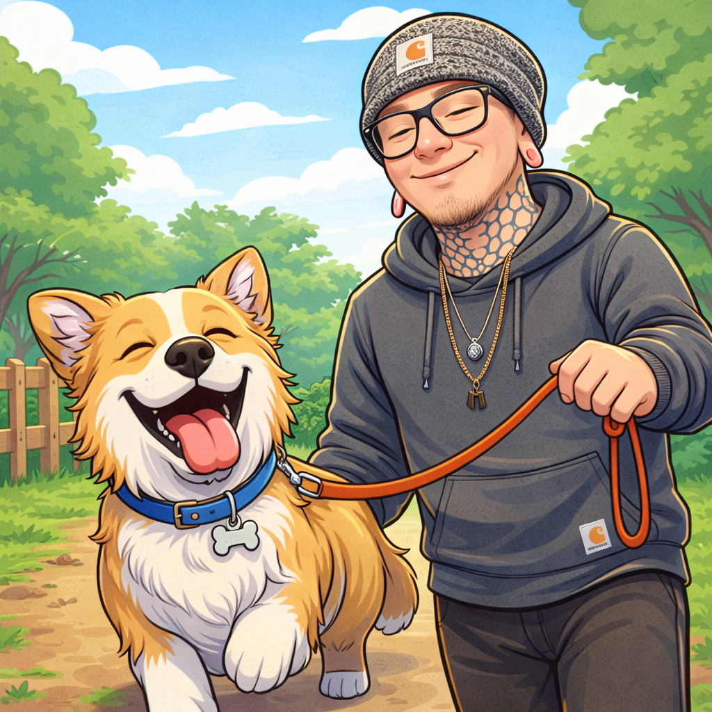 Kaz walking a happy dog